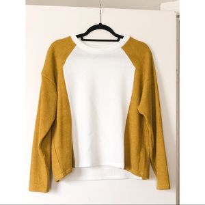 Sweater with mustard color block sleeve.